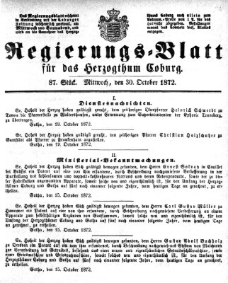 Regierungs-Blatt für das Herzogtum Coburg (Coburger Regierungs-Blatt) Mittwoch 30. Oktober 1872