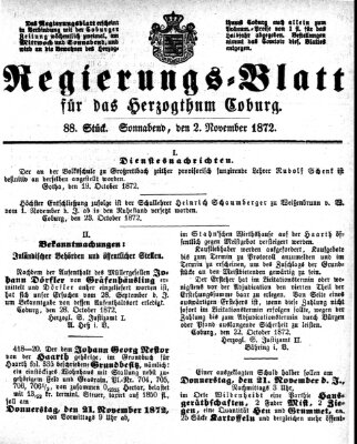 Regierungs-Blatt für das Herzogtum Coburg (Coburger Regierungs-Blatt) Samstag 2. November 1872