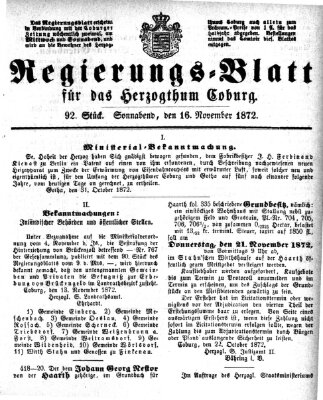 Regierungs-Blatt für das Herzogtum Coburg (Coburger Regierungs-Blatt) Samstag 16. November 1872