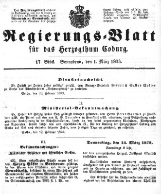 Regierungs-Blatt für das Herzogtum Coburg (Coburger Regierungs-Blatt) Samstag 1. März 1873