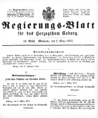 Regierungs-Blatt für das Herzogtum Coburg (Coburger Regierungs-Blatt) Mittwoch 5. März 1873