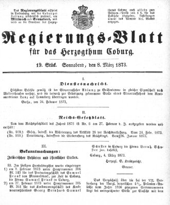 Regierungs-Blatt für das Herzogtum Coburg (Coburger Regierungs-Blatt) Samstag 8. März 1873