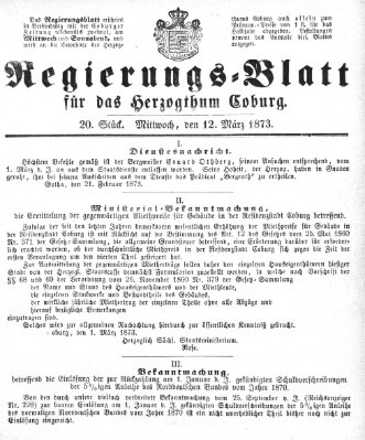 Regierungs-Blatt für das Herzogtum Coburg (Coburger Regierungs-Blatt) Mittwoch 12. März 1873