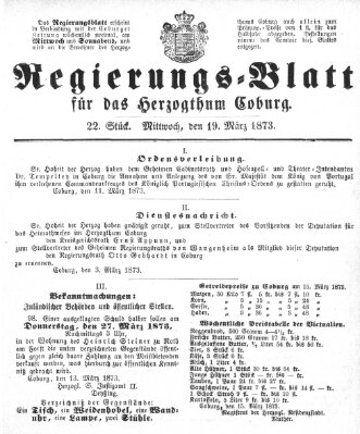 Regierungs-Blatt für das Herzogtum Coburg (Coburger Regierungs-Blatt) Mittwoch 19. März 1873