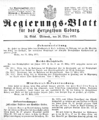 Regierungs-Blatt für das Herzogtum Coburg (Coburger Regierungs-Blatt) Mittwoch 26. März 1873