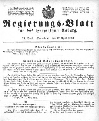 Regierungs-Blatt für das Herzogtum Coburg (Coburger Regierungs-Blatt) Samstag 12. April 1873