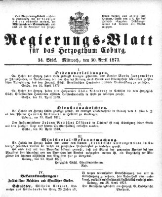 Regierungs-Blatt für das Herzogtum Coburg (Coburger Regierungs-Blatt) Mittwoch 30. April 1873