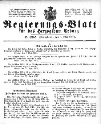 Regierungs-Blatt für das Herzogtum Coburg (Coburger Regierungs-Blatt) Samstag 3. Mai 1873