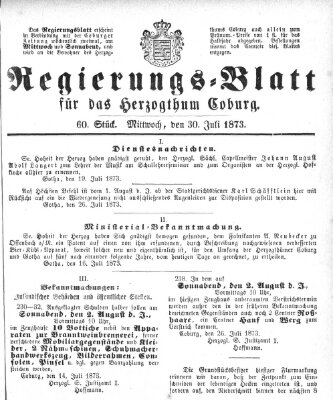 Regierungs-Blatt für das Herzogtum Coburg (Coburger Regierungs-Blatt) Mittwoch 30. Juli 1873