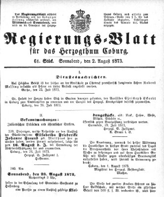 Regierungs-Blatt für das Herzogtum Coburg (Coburger Regierungs-Blatt) Samstag 2. August 1873