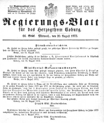 Regierungs-Blatt für das Herzogtum Coburg (Coburger Regierungs-Blatt) Mittwoch 20. August 1873