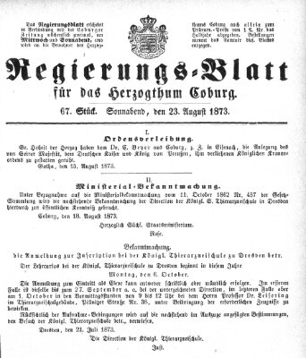 Regierungs-Blatt für das Herzogtum Coburg (Coburger Regierungs-Blatt) Samstag 23. August 1873