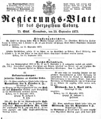 Regierungs-Blatt für das Herzogtum Coburg (Coburger Regierungs-Blatt) Samstag 20. September 1873