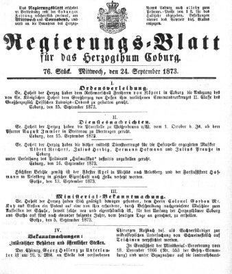 Regierungs-Blatt für das Herzogtum Coburg (Coburger Regierungs-Blatt) Mittwoch 24. September 1873