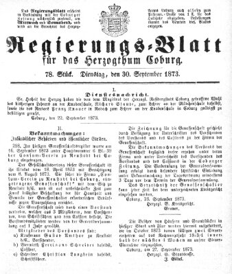 Regierungs-Blatt für das Herzogtum Coburg (Coburger Regierungs-Blatt) Dienstag 30. September 1873