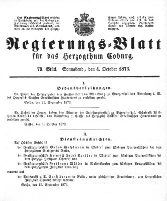 Regierungs-Blatt für das Herzogtum Coburg (Coburger Regierungs-Blatt) Samstag 4. Oktober 1873