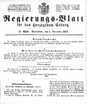 Regierungs-Blatt für das Herzogtum Coburg (Coburger Regierungs-Blatt) Samstag 1. November 1873