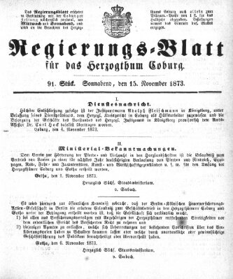 Regierungs-Blatt für das Herzogtum Coburg (Coburger Regierungs-Blatt) Samstag 15. November 1873