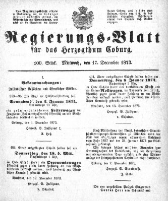 Regierungs-Blatt für das Herzogtum Coburg (Coburger Regierungs-Blatt) Mittwoch 17. Dezember 1873