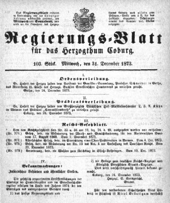 Regierungs-Blatt für das Herzogtum Coburg (Coburger Regierungs-Blatt) Mittwoch 31. Dezember 1873