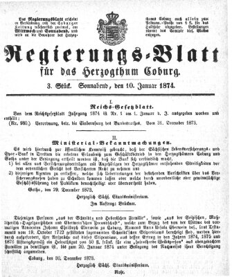 Regierungs-Blatt für das Herzogtum Coburg (Coburger Regierungs-Blatt) Samstag 10. Januar 1874