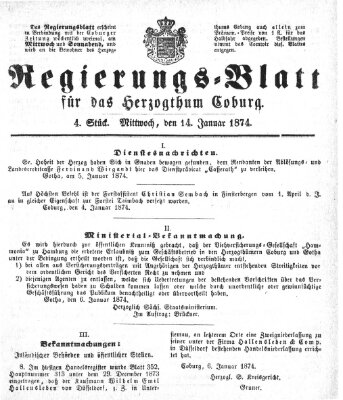 Regierungs-Blatt für das Herzogtum Coburg (Coburger Regierungs-Blatt) Mittwoch 14. Januar 1874