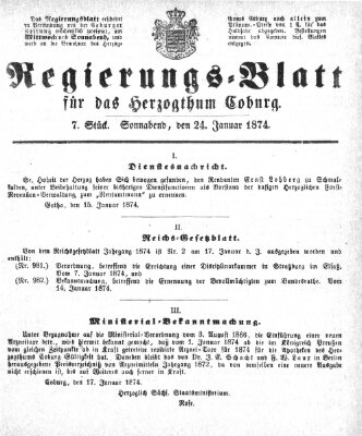 Regierungs-Blatt für das Herzogtum Coburg (Coburger Regierungs-Blatt) Samstag 24. Januar 1874