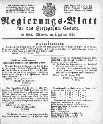 Regierungs-Blatt für das Herzogtum Coburg (Coburger Regierungs-Blatt) Mittwoch 4. Februar 1874