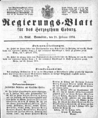 Regierungs-Blatt für das Herzogtum Coburg (Coburger Regierungs-Blatt) Samstag 21. Februar 1874