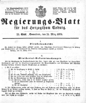 Regierungs-Blatt für das Herzogtum Coburg (Coburger Regierungs-Blatt) Samstag 21. März 1874