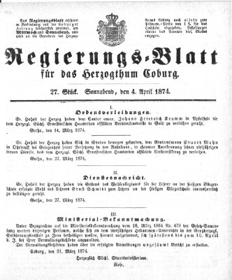 Regierungs-Blatt für das Herzogtum Coburg (Coburger Regierungs-Blatt) Samstag 4. April 1874