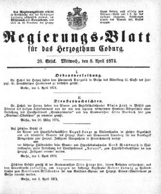 Regierungs-Blatt für das Herzogtum Coburg (Coburger Regierungs-Blatt) Mittwoch 8. April 1874