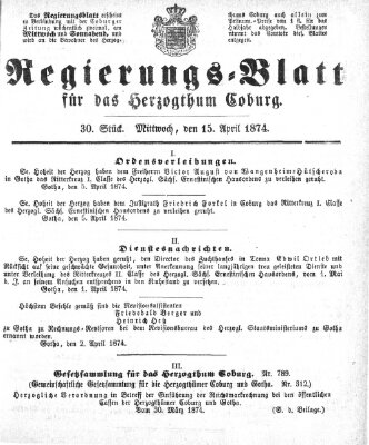 Regierungs-Blatt für das Herzogtum Coburg (Coburger Regierungs-Blatt) Mittwoch 15. April 1874