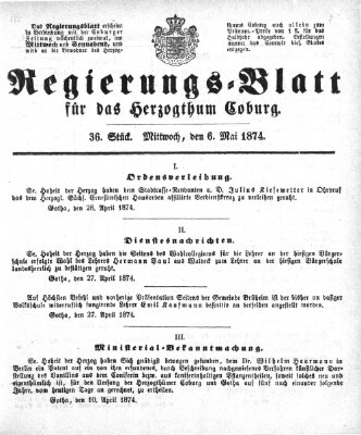 Regierungs-Blatt für das Herzogtum Coburg (Coburger Regierungs-Blatt) Mittwoch 6. Mai 1874