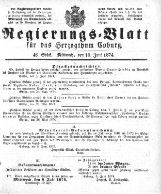 Regierungs-Blatt für das Herzogtum Coburg (Coburger Regierungs-Blatt) Mittwoch 10. Juni 1874