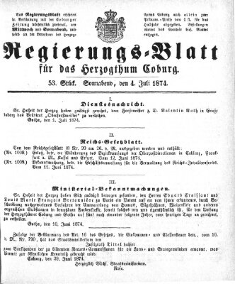 Regierungs-Blatt für das Herzogtum Coburg (Coburger Regierungs-Blatt) Samstag 4. Juli 1874