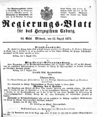 Regierungs-Blatt für das Herzogtum Coburg (Coburger Regierungs-Blatt) Mittwoch 12. August 1874