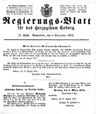 Regierungs-Blatt für das Herzogtum Coburg (Coburger Regierungs-Blatt) Samstag 5. September 1874