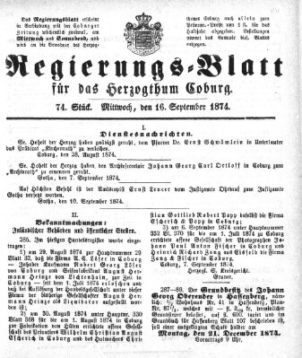 Regierungs-Blatt für das Herzogtum Coburg (Coburger Regierungs-Blatt) Mittwoch 16. September 1874