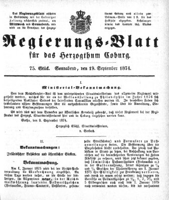Regierungs-Blatt für das Herzogtum Coburg (Coburger Regierungs-Blatt) Samstag 19. September 1874