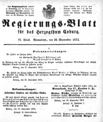 Regierungs-Blatt für das Herzogtum Coburg (Coburger Regierungs-Blatt) Samstag 26. September 1874