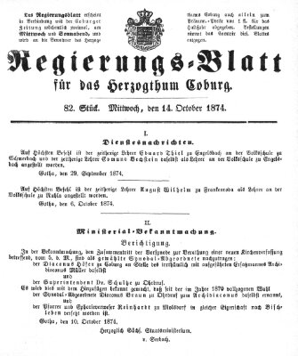 Regierungs-Blatt für das Herzogtum Coburg (Coburger Regierungs-Blatt) Mittwoch 14. Oktober 1874