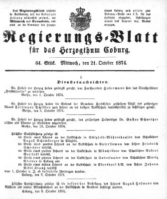 Regierungs-Blatt für das Herzogtum Coburg (Coburger Regierungs-Blatt) Mittwoch 21. Oktober 1874