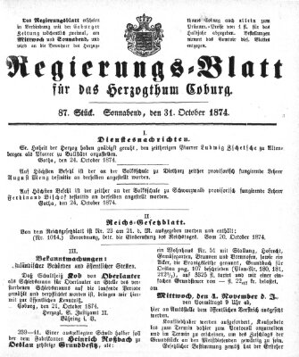 Regierungs-Blatt für das Herzogtum Coburg (Coburger Regierungs-Blatt) Samstag 31. Oktober 1874