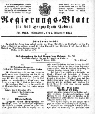 Regierungs-Blatt für das Herzogtum Coburg (Coburger Regierungs-Blatt) Samstag 7. November 1874