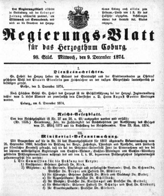 Regierungs-Blatt für das Herzogtum Coburg (Coburger Regierungs-Blatt) Mittwoch 9. Dezember 1874