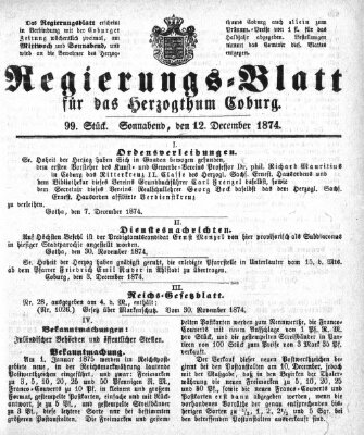 Regierungs-Blatt für das Herzogtum Coburg (Coburger Regierungs-Blatt) Samstag 12. Dezember 1874