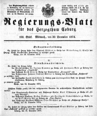 Regierungs-Blatt für das Herzogtum Coburg (Coburger Regierungs-Blatt) Mittwoch 30. Dezember 1874