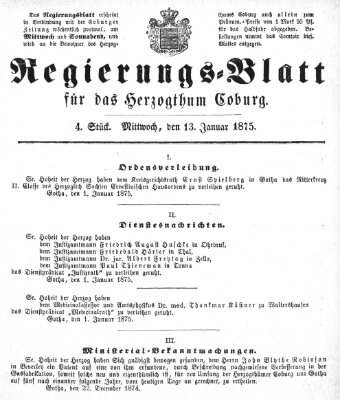 Regierungs-Blatt für das Herzogtum Coburg (Coburger Regierungs-Blatt) Mittwoch 13. Januar 1875