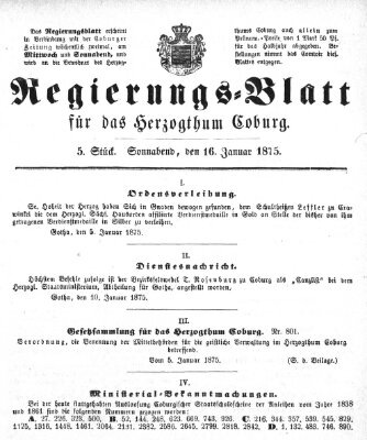 Regierungs-Blatt für das Herzogtum Coburg (Coburger Regierungs-Blatt) Samstag 16. Januar 1875